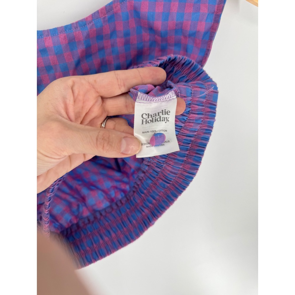 Charlie Holiday Elena Gingham Crop Top Women Est Sz XS Pink Blue Sleeveless - Picture 6 of 14
